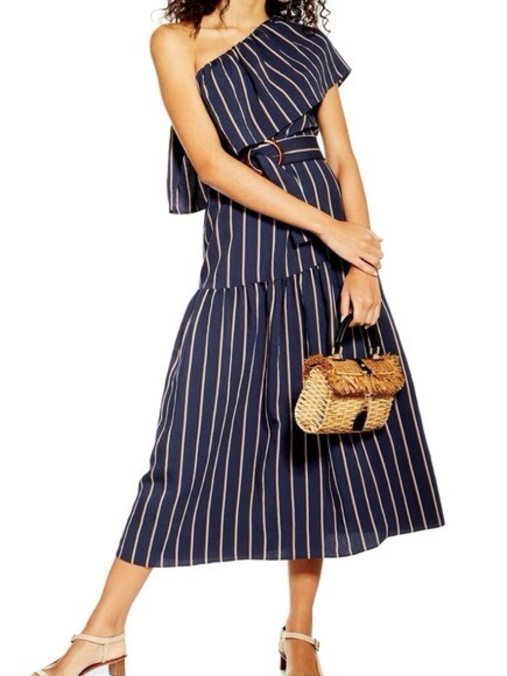 Topshop Navy and White One-Shoulder Striped Midi Dress